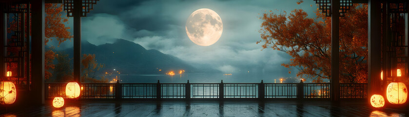 Wall Mural - Glossy Moonlit Balcony with Lanterns for Mid Autumn Festival concept as A glossy moonlit balcony adorned with lanterns creating a peaceful and reflective background. The scene features the full moon g