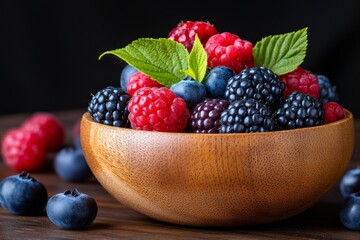 Still life, ripe berries, wooden bowl, natural light offer a glimpse of natureâ€™s bounty