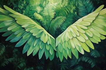 Oil painting depicting fern leaves resembling wings in a lush forest during spring showcasing vibrant greenery and natural beauty