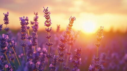 Poster - A field of lavender in the sunset, symbolizing peace and tranquility, perfect for spa and wellness promotions