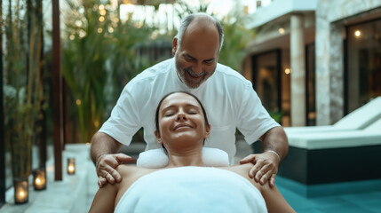 Sticker - A woman enjoys a relaxing outdoor massage given by a male therapist in a tranquil spa setting. The environment is serene, with candles and greenery enhancing relaxation.