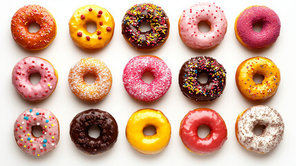 Wall Mural - Lots of colorful bright sweet donuts in glaze with sprinkles. Delicious glazed donuts on a white background. Top view. generation AI