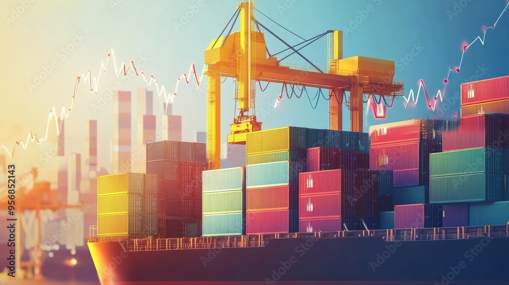 Crane lifting cargo containers from a ship at the port, with a ...