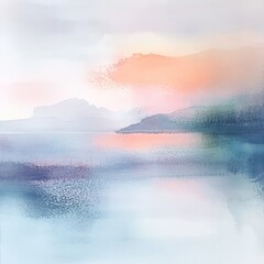 Canvas Print - Watercolor painting of a misty mountain landscape with a sunrise over a calm lake.