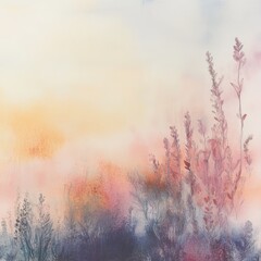 Canvas Print - Watercolor painting of a sunset over a field of tall grass.