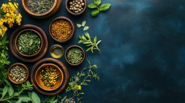 Dark navy blue background with folk herbs carefully placed on wooden plates, accompanied by medicinal pots and cups.