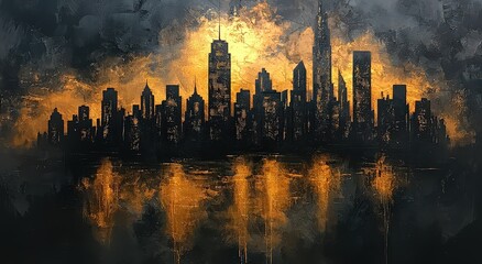 Wall Mural - Abstract painting of a black and gold city skyline, with paint drips, gold leaf accents, and neutral tones. 