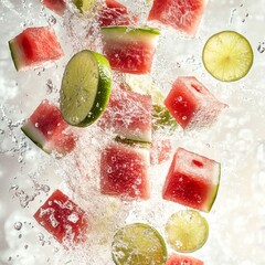 Sticker - Watermelon and lime slices falling into water with splashing.