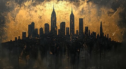 Wall Mural - Abstract painting of a black and gold city skyline, with paint drips, gold leaf accents, and neutral tones. 