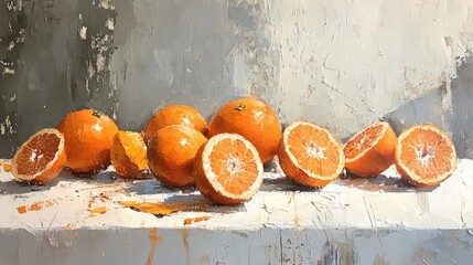 Still life oil painting featuring oranges on a white surface showcasing vibrant colors and textures