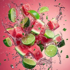 Poster - Watermelon and lime slices in midair with water splashes.