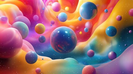 Poster - Colorful background featuring fantastic shapes of circles in a 3D cartoon rendering Abstract art screensaver with a space theme