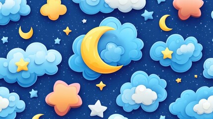 Poster - Seamless pattern featuring a 3D cartoon rendering of a starry night with moons stars and clouds Boho style decorative background suitable for wallpaper digital paper wrapping design fashion fabric
