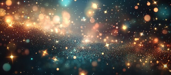 Poster - Glowing particles stars and a sparkling flow create an abstract background in a 3D cartoon rendering with glitter