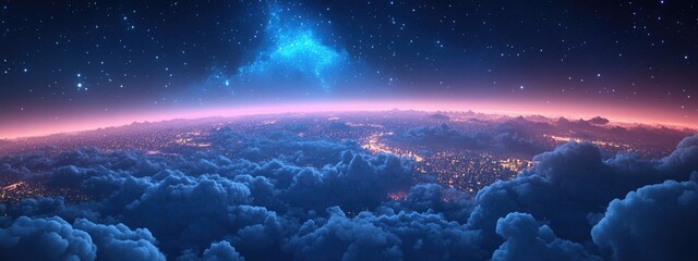 Aufkleber - High altitude view of the Earth at night in 3D cartoon rendering featuring city lights beneath the clouds and stars above