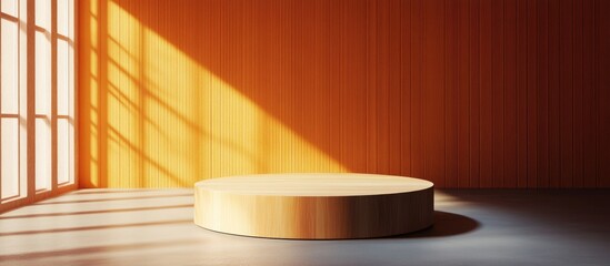 Poster - 3D rendering of a wooden pedestal creating an empty space for decoration featuring kitchen furniture a window with morning sunlight and a brown wood backdrop for product mockups