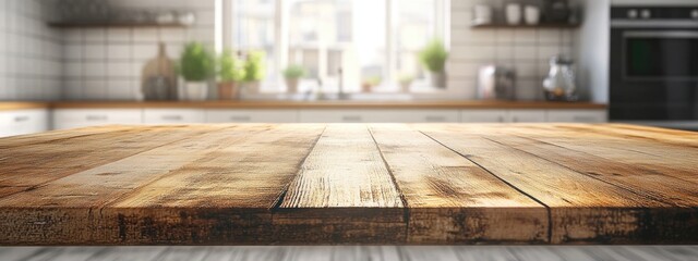 Poster - Empty wooden tabletop with a blurred kitchen background for product display montage 3D rendering