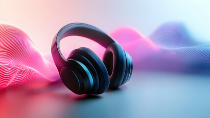 Headset with holographic sound waves and copy space isolated on white balance concept as Camera movement Zoom into the headset focusing on the glowing holographic sound waves. Scene Clean and modern s