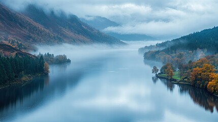 Poster - The serene shores of Loch Ness in Scotland, with misty waters and surrounding hills, completely devoid of people.