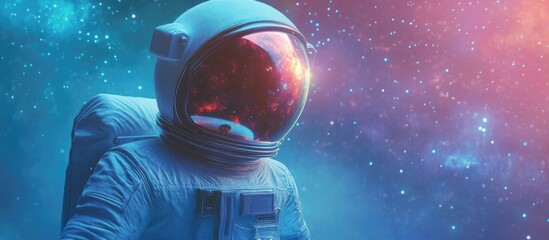 Wall Mural - Astronaut in costume and helmet in a peaceful galaxy illustrated in 3D cartoon style with watercolor technique