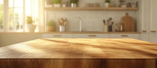 Wall Mural - 3D rendering of a kitchen table background featuring a wooden countertop set against a blurred clean abstract home interior with bokeh effects ideal for displaying or showcasing a dining setting