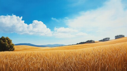 Oil painting depicting a stunning landscape featuring a golden field of ripe rye under a clear blue summer sky