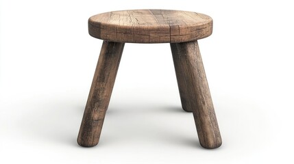 Poster - 3D rendering of an old wooden three legged stool isolated on a white background with a clipping path