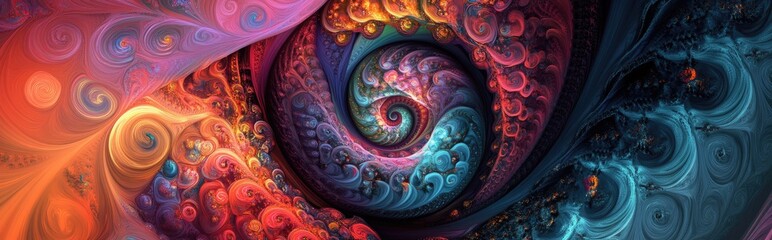 Poster - Abstract fractal patterns and shapes in a 3D cartoon rendering Mysterious psychedelic relaxation design with dynamic flowing natural forms and sacred geometry featuring mystical spirals