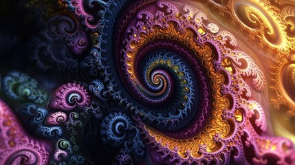 Poster - Abstract fractal patterns and shapes in a 3D cartoon rendering Mysterious psychedelic relaxation pattern with dynamic flowing natural forms Sacred geometry featuring mystical spirals Vibrant color