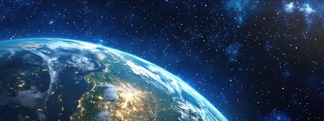 Aufkleber - A view from outer space showcasing Planet Earth in a 3D cartoon style featuring dark cosmos with stars and rare clouds of dust along with continents and oceans illustrated in a graphic drawing