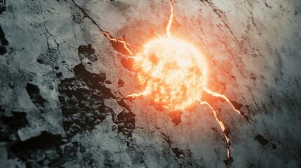 Poster - 3D cartoon rendering depicting a grunge concrete surface with abstract black and white background featuring solar flare eruptions from the Sun