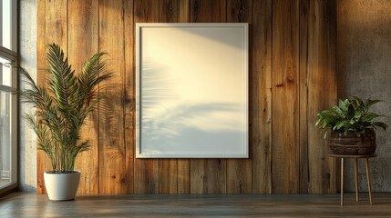 Poster - 3D rendering of a blank white frame displayed on a wooden wall