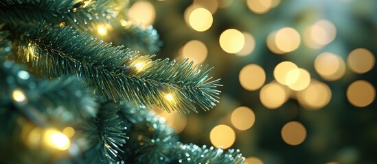 Closeup view of plastic pine leaves with a bokeh effect created by Christmas lights and a blurred background of a Christmas tree in a 3D rendering