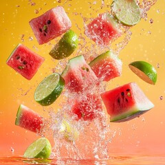 Sticker - Watermelon and lime slices splashing in water against a yellow and orange background.