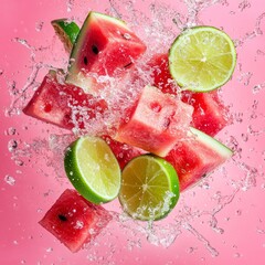 Sticker - Watermelon and lime slices splashing in water on a pink background.