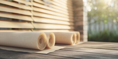 Sticker - 3D rendering of rolled beige shutters on a wooden surface