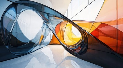 Poster - Abstract architectural interior featuring a smooth glass sculpture with colored elements and black lines presented through 3D rendering