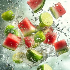 Canvas Print - Watermelon and lime slices splashing in water.