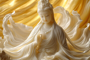 A Serene Depiction: Kuan Yin, Goddess of Mercy, Embraced by Flowing Drapery