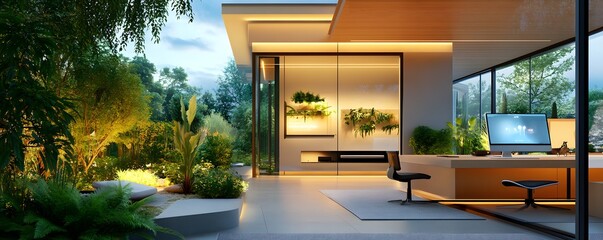 Poster - Modern home office with garden view.