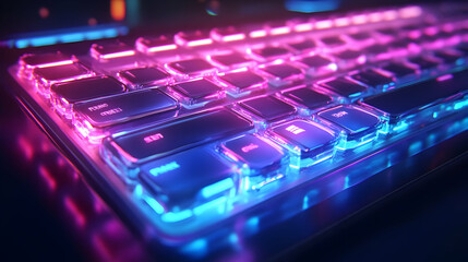 Holographic Keyboard with Floating Letters concept as A sleek holographic keyboard with floating glowing letters symbolizing virtual typing in online education with ample copy space on a white backgro