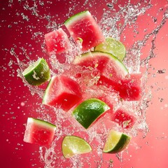 Wall Mural - Watermelon and lime wedges splashing in water against a red background.