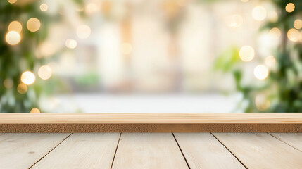 Empty wood table top on blur light gold bokeh of cafe restaurant.