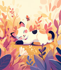 Poster - autumn banner with cute kitten chasing butterfly in sunny autumn garden with blooming flowers, conveys feeling of childish innocence and happy emotions