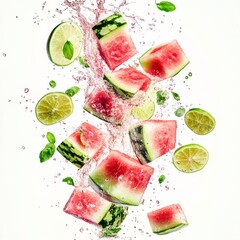 Wall Mural - Watermelon, lime, and basil splashing in water against white background.