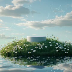 Sticker - White cylindrical podium surrounded by flowers and grass on a small island in a lake with a blue sky and clouds in the background.