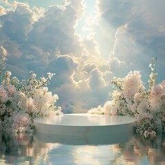 Wall Mural - White round podium with flowers reflecting in water against a cloudy sky.