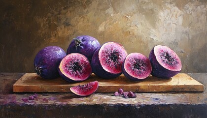 Oil painting depicting fresh whole purple Abiu fruit arranged on a rustic wooden board showcasing the vibrant colors and textures of the fruit and surface