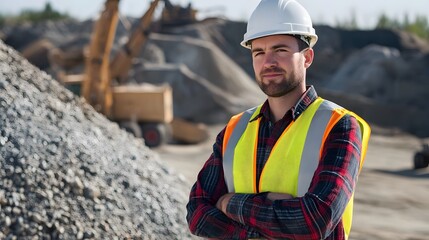 Confident construction site manager in a hard hat and safety vest, standing in a quarry with a background of gravel mounds and industrial equipment