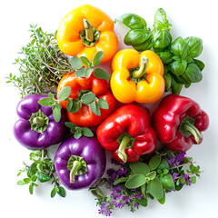 Wall Mural - Colorful bell peppers and fresh herbs arranged on a white background